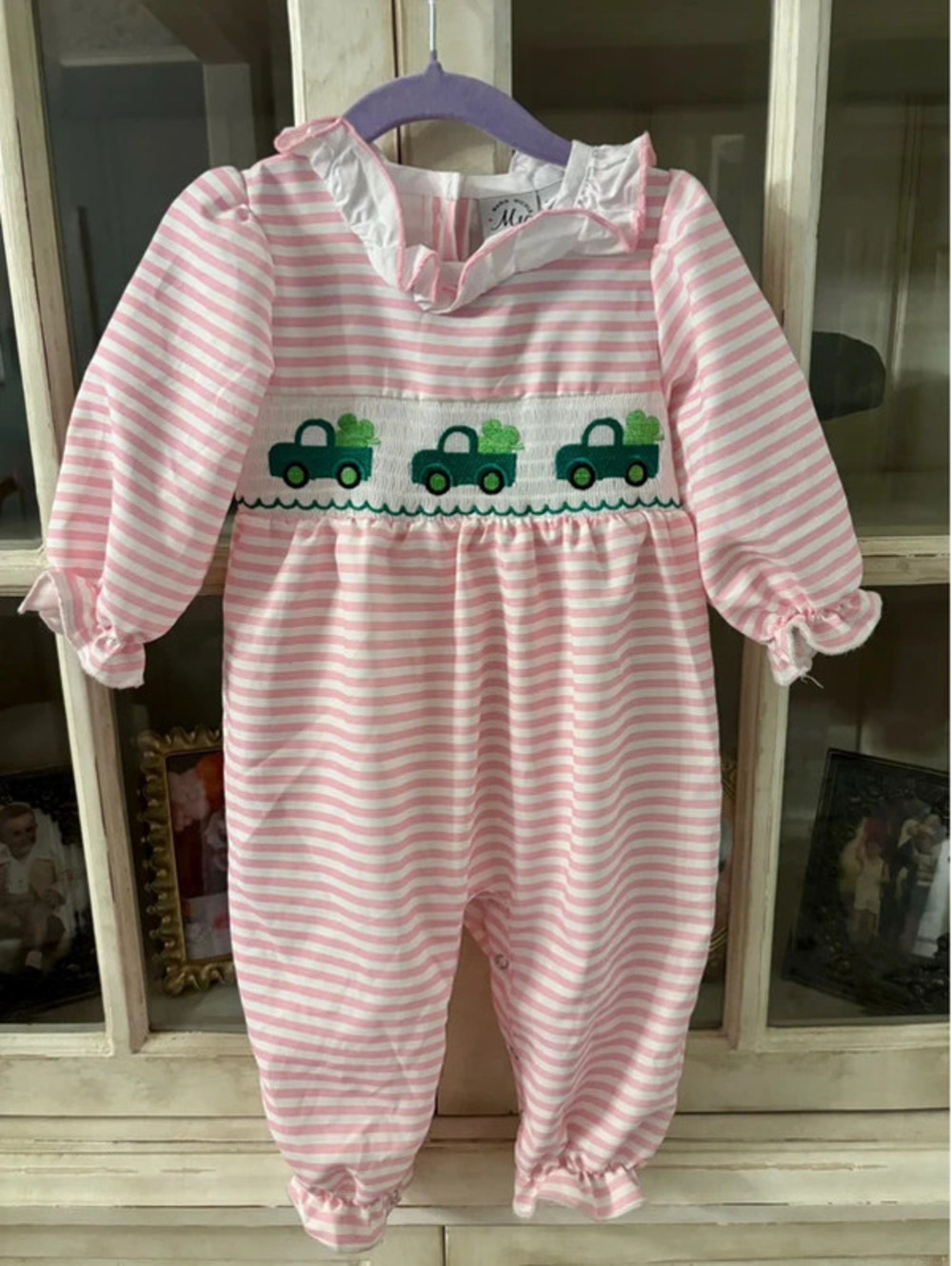Marie Nicole Pink Stripe Smocked Shamrock Romper Baby Girl 6-12M